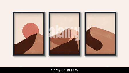 Triptych landscape painting in earth tones. Modern, trendy abstract art concept in boho style. Vector backgrounds illustration. For print, poster and Stock Vector