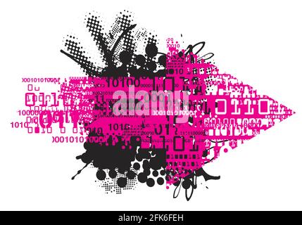 Grunge arrow, binary codes. Pink grunge arrow with binary codes on expressive black background.Vector available. Stock Vector
