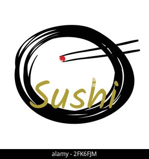 Japan cuisine logo. Japanese food sushi chopstick with salmon egg on dish. Vector and illustrator design. Stock Vector
