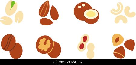 Nuts icon set. Vector flat color icon of nuts isolated on white. Almond cashew coffee hazelnut peanut pistachios walnut coconut collection. Modern Stock Vector