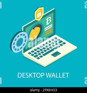 Desktop cryptocurrency wallet, vector isometric illustration. Digital money storage. Online bitcoin crypto coin wallet. Stock Vector