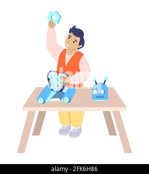 Robotics school for children. Smart boy student making robot, flat vector illustration. Kids robotics engineering Stock Vector