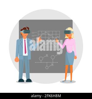 Business people in headsets touching VR interface, vector illustration. Virtual reality simulation, education. Stock Vector