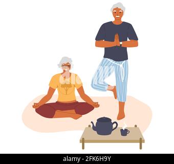 Elderly couple meditating, doing yoga at home, vector illustration. Sport, fitness for seniors. Active healthy lifestyle Stock Vector