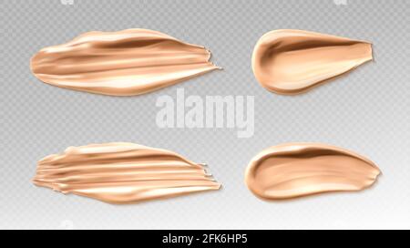 Concealer or skin foundation smear brush strokes. Beauty make up cosmetics texture smudge elements, abstract splash trace shapes samples isolated on transparent background. Realistic 3d vector set Stock Vector
