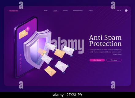 Anti spam protection banner. Concept of email security, protect mail box from junk messages. Vector landing page with isometric illustration of smartphone with shield and letter envelopes Stock Vector