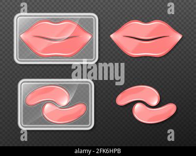 Gel patches for lips and eyes, cosmetics beauty products for facial care and spa treatment in package, moisturizing collagen lifting for women cosmetic procedures and hygiene, Realistic 3d vector set Stock Vector
