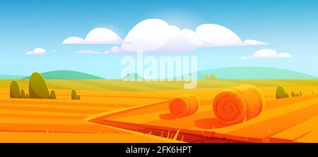 Rural landscape with hay bales on agriculture farm field. Vector cartoon illustration of countryside, farmland with round wheat straw rolls, yellow haystacks and barns Stock Vector