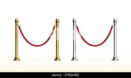 Red rope barrier with gold and silver stanchions. Velvet fence for entrance to cinema, club, theater and vip hall. Vector realistic set of 3d luxury barrier with golden posts for gallery and museum Stock Vector