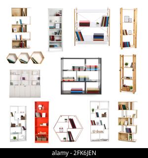 Set of shelf units with books and decor on white background Stock Photo