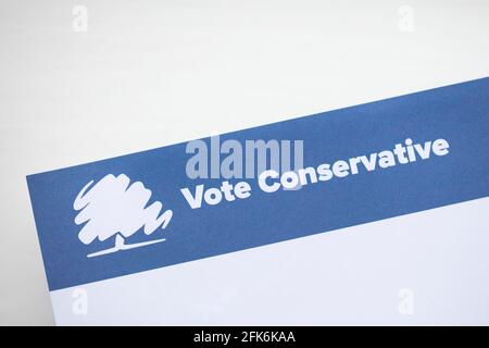 LONDON, UK - April 2021: Conservative political party logo on campaign literature