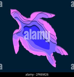 Paper cut layered turtle neon illustration. Ocean dwellers. Silhouette of a marine reptile. Vector violet drawing of origami aquatic animal on dark bl Stock Vector