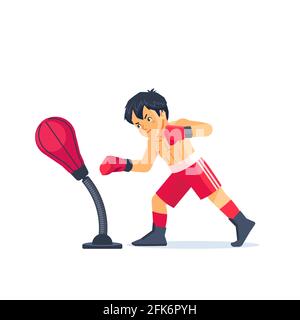 Young hardworking boxer learning to blow the punching bag at sport center, effective training process, kid taking up a new hobby. Cartoon flat vector Stock Vector