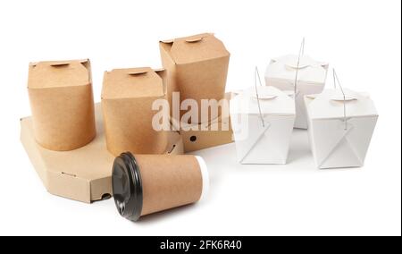 Paper boxes for food and cup on white background Stock Photo