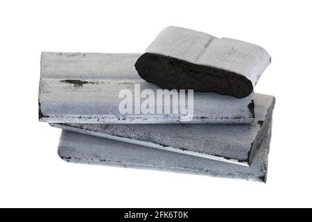 Closeup of square high temperature incense Bamboo silver charcoals to use with aromatic resin gum, free of chemical additives isolated on white backgr Stock Photo