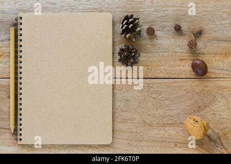 Top view of brown blank notebook with wooden pencil near dried pine cone chestnut walnut on wooden background Stock Photo