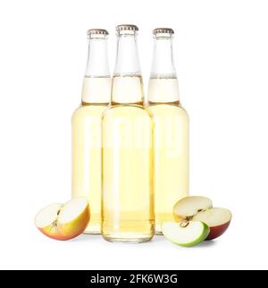 Bottles of apple cider on white background Stock Photo