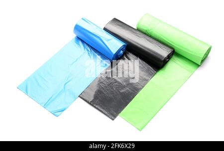 Rolls of garbage bags on white background Stock Photo