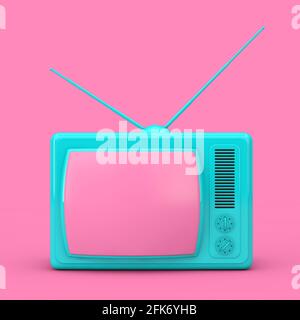 Blue Classic Vintage TV in Duotone Style on a pink background. 3d Rendering Stock Photo
