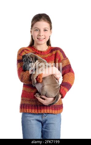 Cute girl with puppy on white background Stock Photo