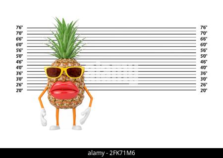 Fun Cartoon Fashion Hipster Cut Pineapple Person Character Mascot in front of Police Lineup or Mugshot Background extreme closeup. 3d Rendering Stock Photo