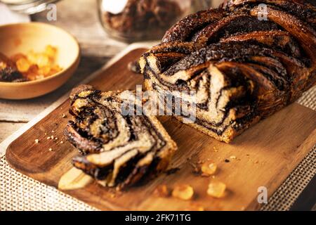 Chocolate babka or brioche bread. Stuffed with chocolate and hazelnut cream. Stock Photo
