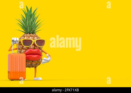 Fun Cartoon Fashion Hipster Cut Pineapple Person Character Mascot with Orange Travel Suitcase on a yellow background. 3d Rendering Stock Photo