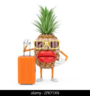 Fun Cartoon Fashion Hipster Cut Pineapple Person Character Mascot with Orange Travel Suitcase on a white background. 3d Rendering Stock Photo