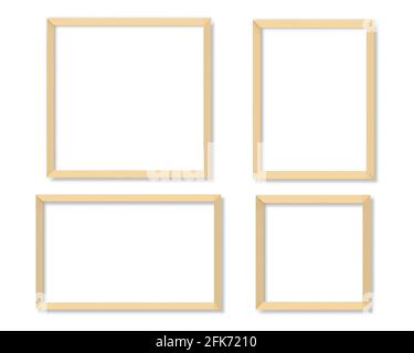 Set of empty white blank picture with wooden frame. Blank white picture frames mockup template isolated on white background Stock Vector