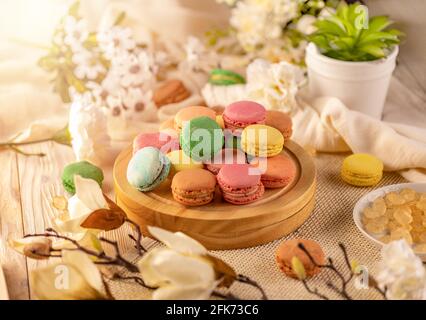 Macarons in a variety of colours, still life composition Stock Photo