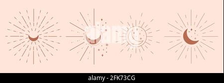 Set of mystical moons linear logo icons. Simple boho style. Magic, mystic vector design element Stock Vector