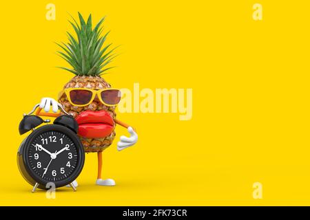 Fun Cartoon Fashion Hipster Cut Pineapple Person Character Mascot with with Alarm Clock on a yellow background. 3d Rendering Stock Photo