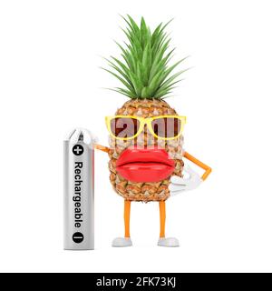 Fun Cartoon Fashion Hipster Cut Pineapple Person Character Mascot with Rechargeable Battery on a white background. 3d Rendering Stock Photo