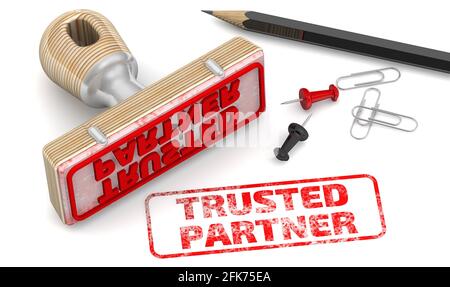 Trusted partner. The stamp and an imprint. Wooden stamp and red imprint TRUSTED PARTNER on white surface. 3D illustration Stock Photo