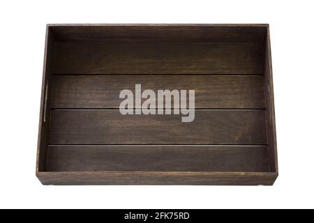 High angle view of wooden serving tray stained box in dark brown with handle isolated on white background Stock Photo