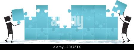 Two stick figures completing a puzzle. Stock Vector
