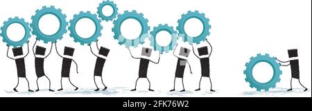 Illustration of a large group of stick figures lifting gears above their heads. Working together, they achieve success. Stock Vector