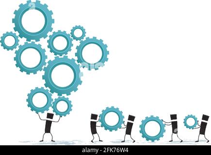 A stick figure holding on his head a lot of gear. Other stick figures bring more gear to make it more difficult to work. Stock Vector