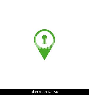 keyhole and location icon. GPS pointer. Map pin. Navigation marker and key. Vector green simple button. Pictogram isolated on white. Stock Vector