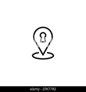 keyhole and location icon. GPS pointer. Map pin. Navigation marker and key. Vector line simple button. Line pictogram isolated on white. Stock Vector