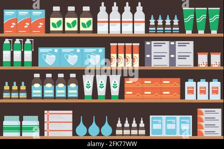 Pharmacy shelves with medicines, tablets, ointments, vitamins and antibiotics. Store shelf with medicines. Seamless pattern. Vector illustration on Stock Vector