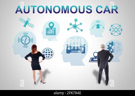 Autonomous car concept drawn on a wall watched by business people Stock Photo