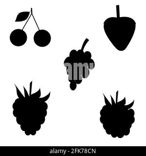 a set of silhouettes of raspberries, strawberries, grapes, cherries, blackberries. Vector isolated on a white background Stock Vector