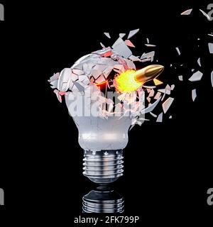 shattering light bulb hit by a bullet. 3d render. Stock Photo