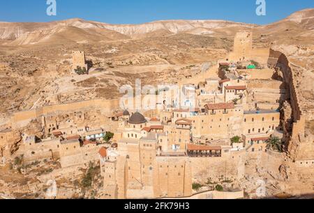 Mar Saba Greek Orthodox Monastery in Israel Judaean Desert, Aerial view. Stock Photo