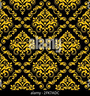 Classic Damask wallpaper or fabric print pattern, royal elegant textile vector seamless design with flowers, leaves and swirls in gold on black Stock Vector