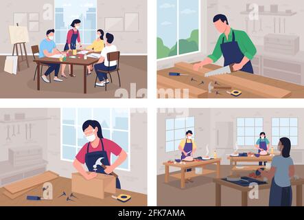Creative workshop flat color vector illustration set Stock Vector