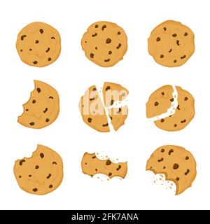 Set of Cookies with chocolate crisps bitten, broken, cookie crumbs in cartoon flat style isolated on white background. Snack bake, traditional bakery Stock Vector