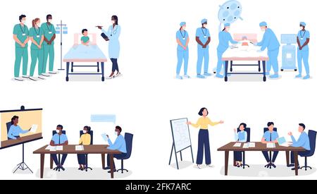 Professional men and women at training flat color vector faceless character set Stock Vector