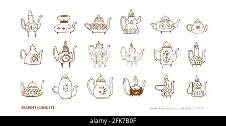 Teapots outline icons set. Line art with teapots design elements in vintage style. Doodle vector illustration Stock Vector